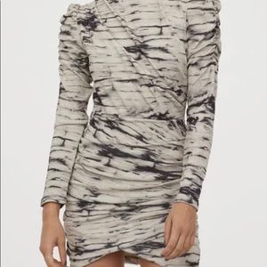 H&M Black and Cream Long Sleeve Ruched Wrap Dress
